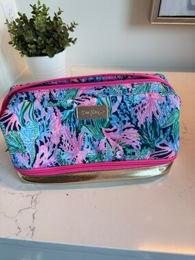 Lilly Pulitzer Blue, Pink & Green Coral Print Cosmetic Pouch with Gold Accent